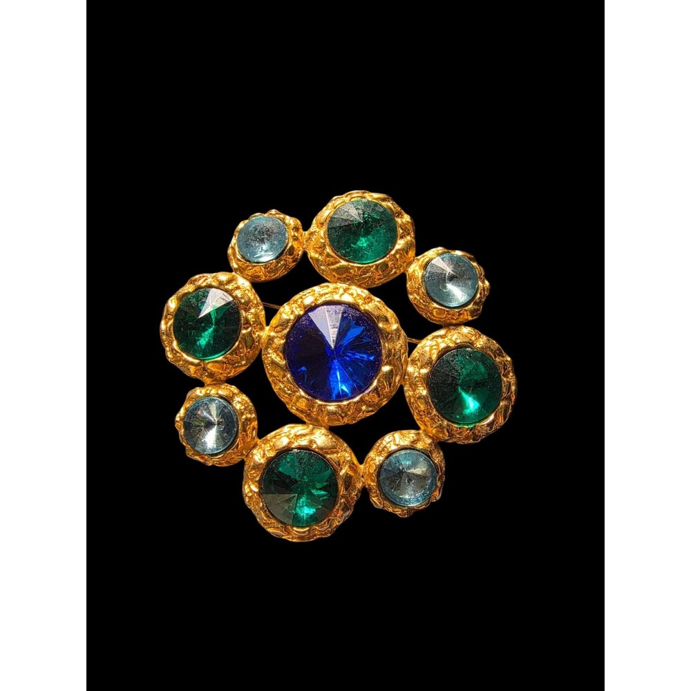 Vintage Dauplaise Brooch Gold Tone Blue Green Rivoli Rhinestone Cluster Signed